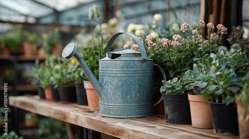 Watering can on wooden shelf amid potted plants in greenhouse