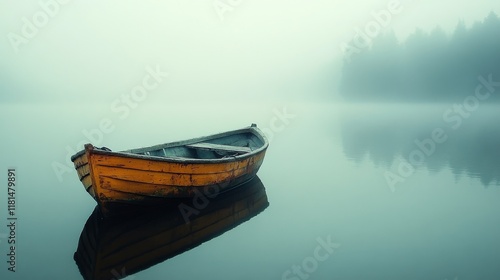 Tranquil wooden boat floating on calm lake surrounded by misty forest at dawn