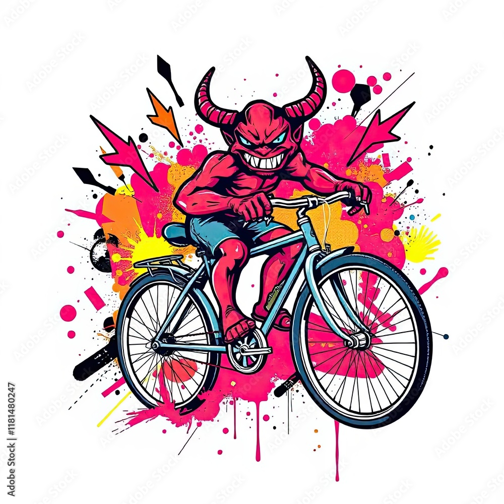 Fototapeta premium Fiery Demon Riding Bicycle with Colorful Graffiti Background