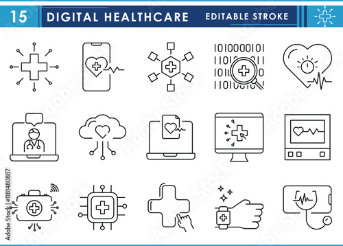 A set of line icons related to Digital Healthcare. Health, digital, smartwatch, heartbeat, mobile, online, remote, cloud, medical service, and so on. Vector editable stroke.
