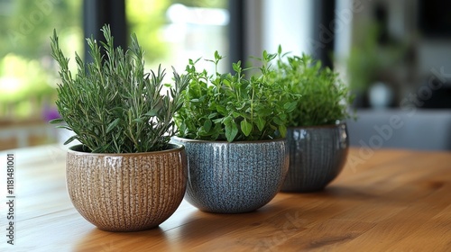 Fresh herbs in decorative pots on a wooden kitchen table with natural light
