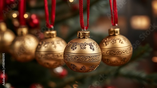 Holiday decoration featuring golden ornaments and red ribbons on a white wall...