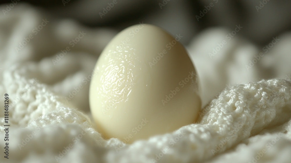 A Softly Lit Boiled Egg Nestled in a Delicate White Crochet Fabric A Softly Lit Boiled Egg Nestled in a Delicate White Crochet Fabric