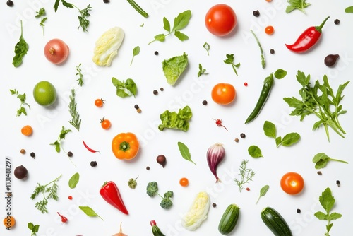 A vibrant arrangement of fresh vegetables and herbs on a white background, showcasing a variety of colors and textures for a healthy lifestyle.