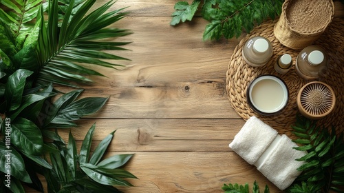 Essential oils and herbs arranged beautifully on a wooden table with natural ...
