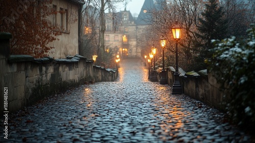 Charming cobblestone street in a historic town during a rainy evening with il...