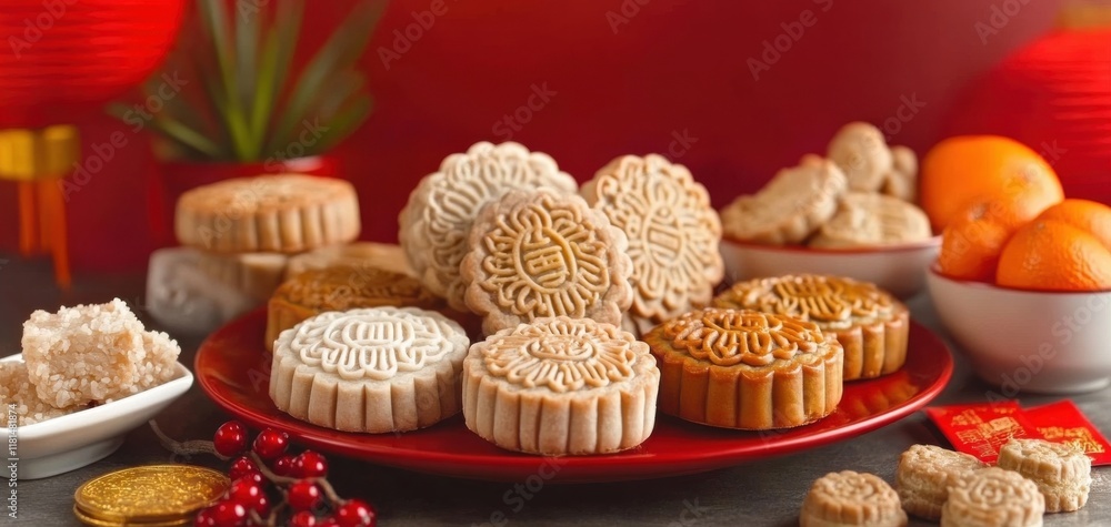 A vibrant display of traditional mooncakes on a festive table, surrounded by symbolic decorations celebrating culture and heritage. Lunar New Year festival A vibrant display of traditional mooncakes on a festive table, surrounded by symbolic decorations celebrating culture and heritage. Lunar New Year festival