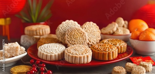 Wallpaper Mural A vibrant display of traditional mooncakes on a festive table, surrounded by symbolic decorations celebrating culture and heritage. Lunar New Year festival Torontodigital.ca