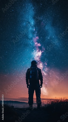 Stargazer admiring the vibrant Milky Way over a calm ocean at night