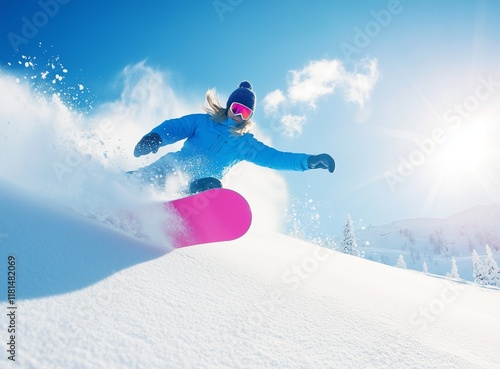 Alpine ski. Skiing woman skier going downhill against snow covered trees on ski trail slope piste in winter. Good recreational female skier in red ski jacket.