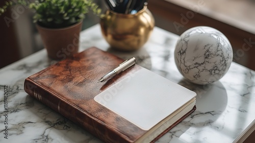 Cozy workspace with plants and an open notebook beside a bright window in the...