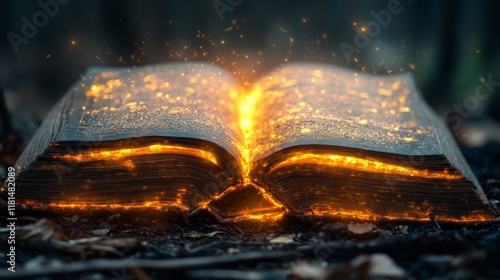 Mystical glowing book emitting sparks and light in a dimly lit setting