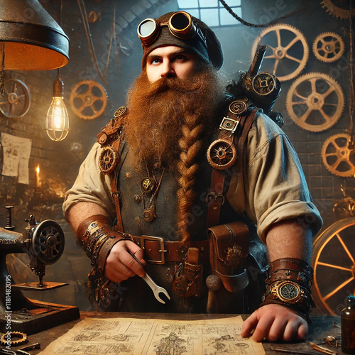 Steampunk craftsman with goggles and braided beard in a gear-filled workshop. Detailed fantasy portrait featuring tools, machinery, and vintage industrial design