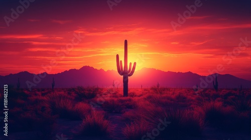 Majestic sunset over a desert landscape featuring a lone cactus silhouette