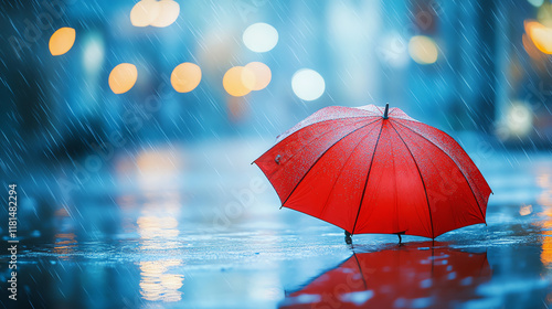 Wallpaper Mural A vibrant red umbrella stands alone on a rain-soaked street, capturing the essence of a rainy day with blurred city lights in the background. Torontodigital.ca