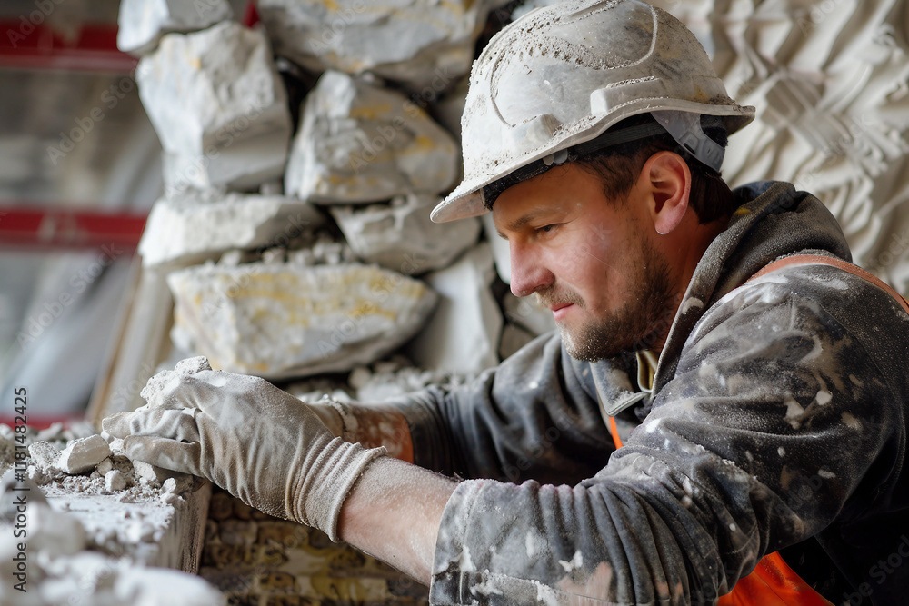 Generative AI Image of a Stonemason Working with Stone, Shaping and Carving Stone Surface Generative AI Image of a Stonemason Working with Stone, Shaping and Carving Stone Surface