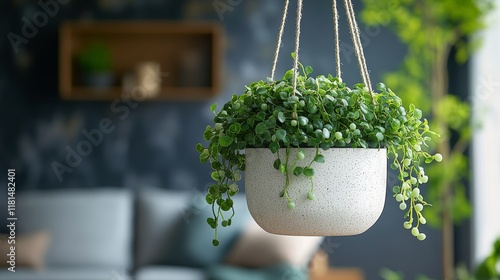 Hanging planter with lush greenery in a softly lit interior space during the day