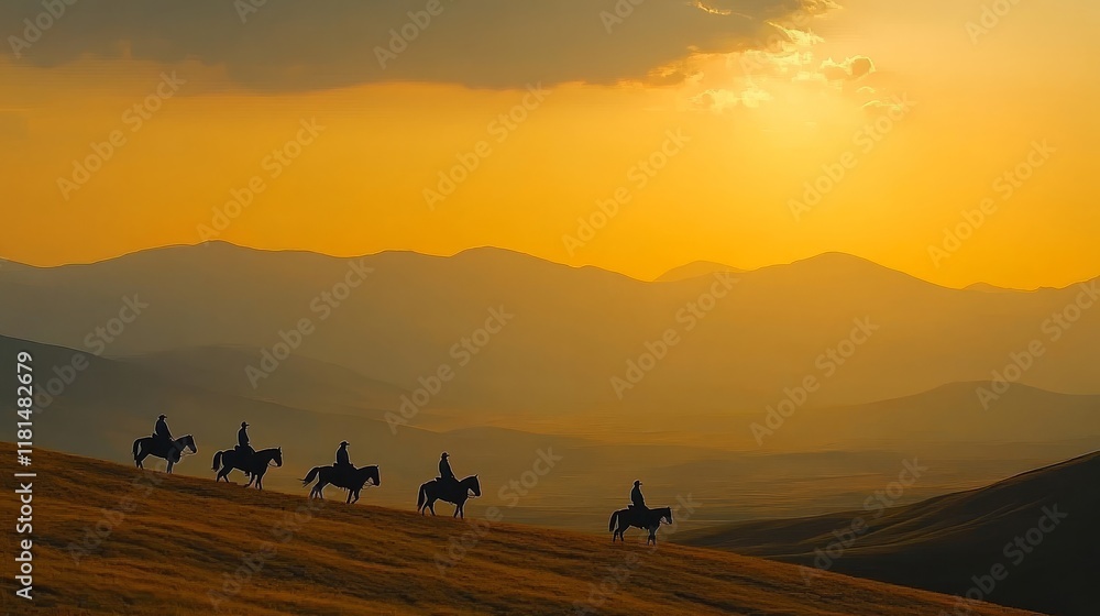 Fototapeta premium Cowboys on Horseback at Sunset: A Cinematic Western Scene Highlighting Adventure, Tradition, Equestrian Culture, Natural Beauty, and Frontier Heritage