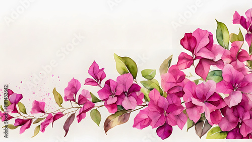 A delicate watercolor painting of a floral arrangement, featuring a variety of pink bougainvillea flowers and green leaves.