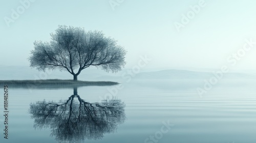 Serene tree silhouetted against foggy morning lake at dawn