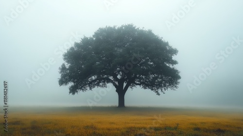 Mysterious tree stands alone in foggy landscape during early morning hours