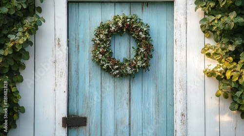 Rustic blue door adorned with a natural wreath in a serene outdoor setting ne...