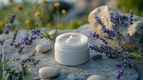 Natural skincare cream surrounded by lavender and stones in a serene outdoor ...