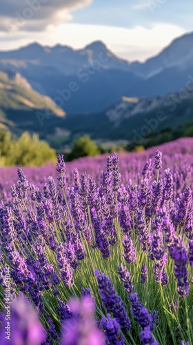 Beautiful lavender field with mountains in the background under a clear blue sky