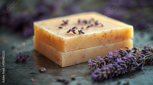 Handmade lavender soap with natural ingredients resting on a textured surface