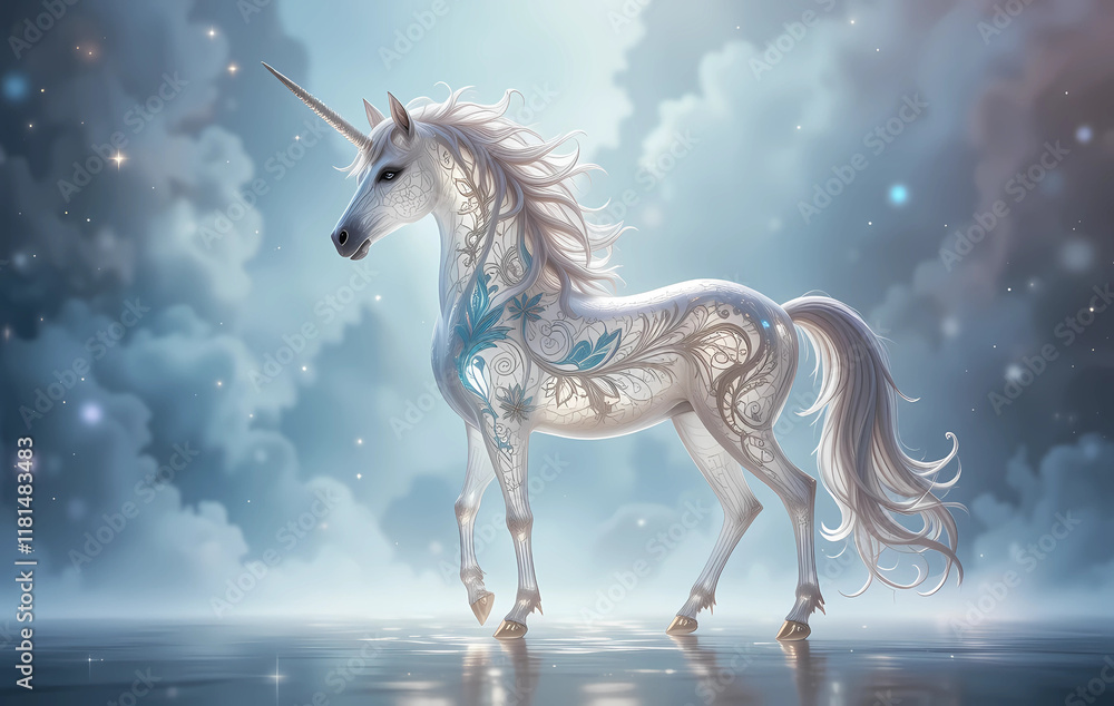 Fototapeta premium A majestic, ethereal unicorn stands alone, its delicate silhouette defined against a seamless, transparent backdrop, evoking a sense of whimsy and enchantment, with intricate details and soft.