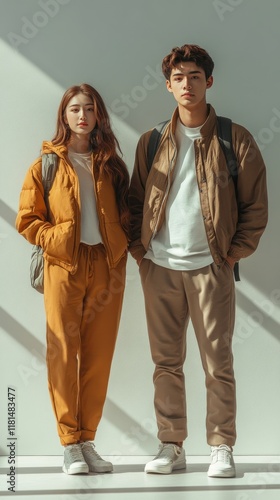 Couple posing together in casual attire with a bright background during daytime