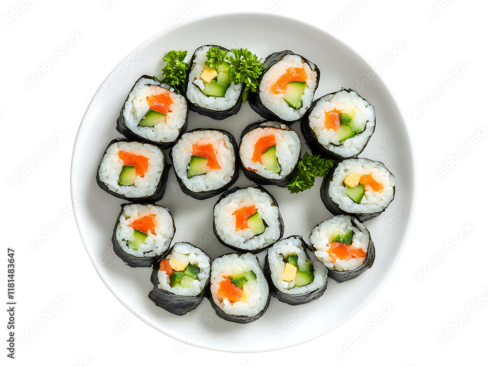 kimbap or sushi roll on a plate isolated on transparent or white background, png cutout kimbap or sushi roll on a plate isolated on transparent or white background, png cutout
