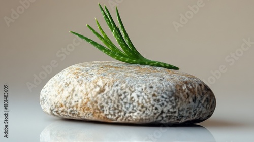 Natural stone with green plant on a smooth surface in a minimalist setting