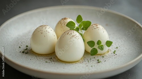 Fresh farm eggs arranged on a rustic plate with sprigs of rosemary in natural...