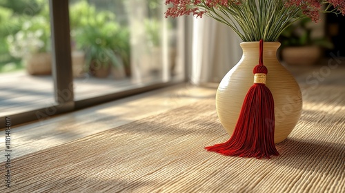 Beautiful vase with red tassel and flowers on a wooden floor in a bright, ser...