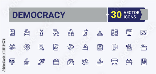 Set of Democracy line icons. Featuring success, flag, people, referendum, election, political. Thin outline icons pack. Vector illustration in modern line style.