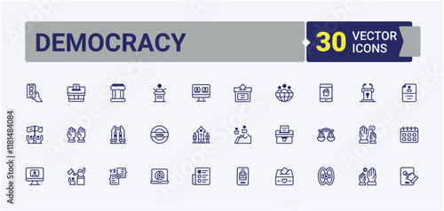 Set of Democracy line icons. Featuring success, flag, people, referendum, election, political. Thin outline icons pack. Vector illustration in modern line style.