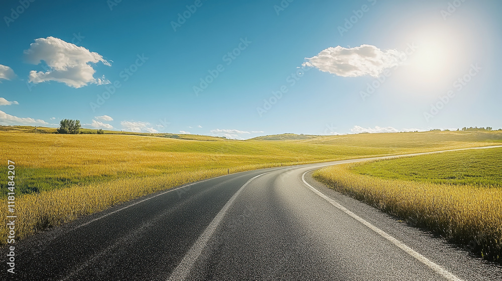 Low angle of a highway road with open fields in sunny day background Low angle of a highway road with open fields in sunny day background