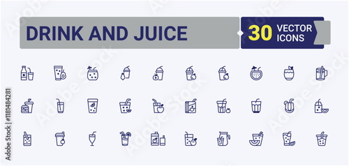 Drink And Juice line icons set. It contains symbols to food, bubble tea, lemon, soda, juice, milk, menu, party. Minimalistic icon. Editable vector outline and solid icons.