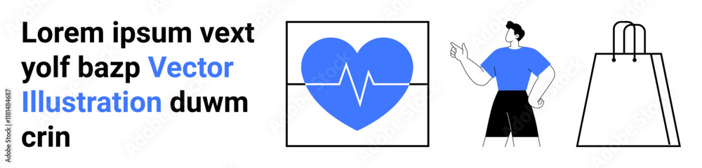 Heart with pulse line, figure pointing at text, shopping bag. Ideal for health, e-commerce, education, tech, communication design marketing. Landing page Heart with pulse line, figure pointing at text, shopping bag. Ideal for health, e-commerce, education, tech, communication design marketing. Landing page