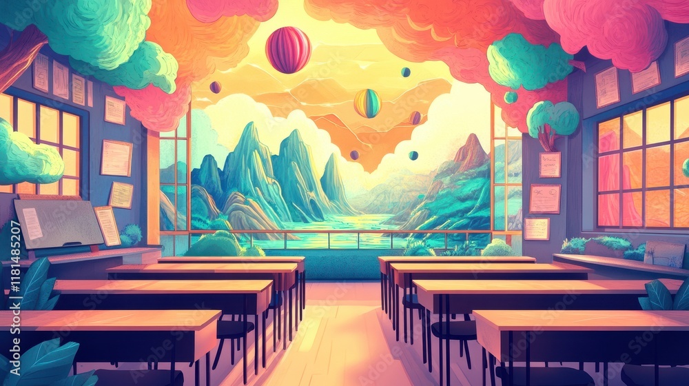 Classroom With A Dreamlike Mountain View Through Large Windows Classroom With A Dreamlike Mountain View Through Large Windows