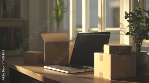 Warm sunlight illuminates a workspace featuring cardboard boxes, a closed laptop, and a potted plant, creating a scene suggestive of online shopping, order fulfillment, and e commerce activities photo