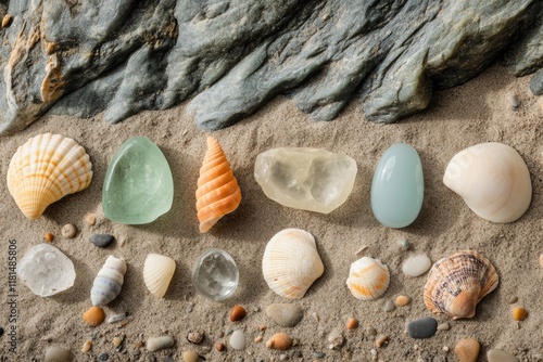 Colorful seashells and polished stones on sandy beach shoreline photo