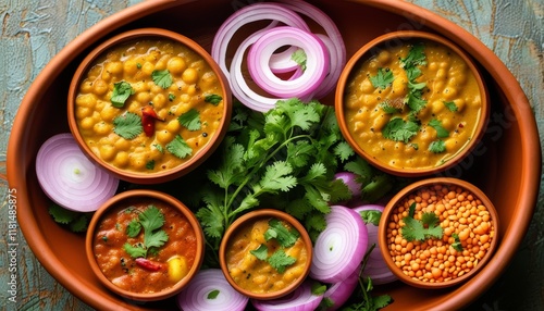 Colorful Bowl of Misal Pav with Toppings and Fresh Onion Garnish from India photo