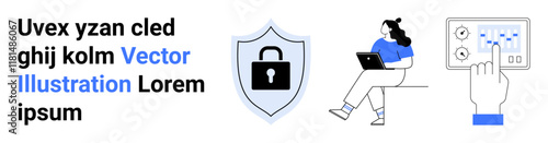 Shield with lock, woman sitting with laptop, and hand interfacing with touchscreen. Ideal for cybersecurity, digital security, online privacy, remote work, user interface, technology education, IT