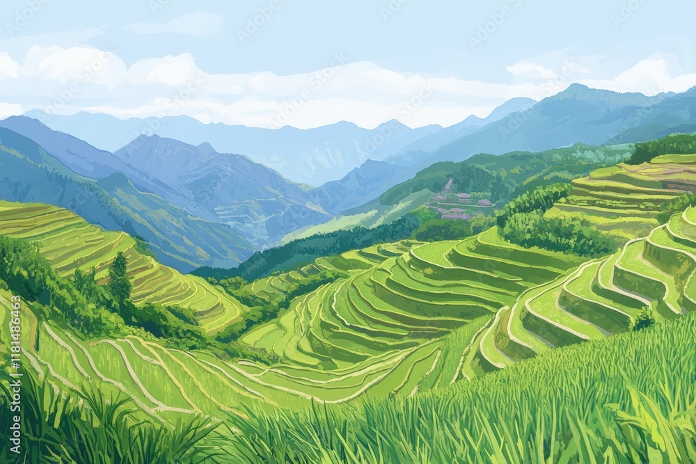 Fototapeta premium Lush green terraced rice fields in asian mountain landscape