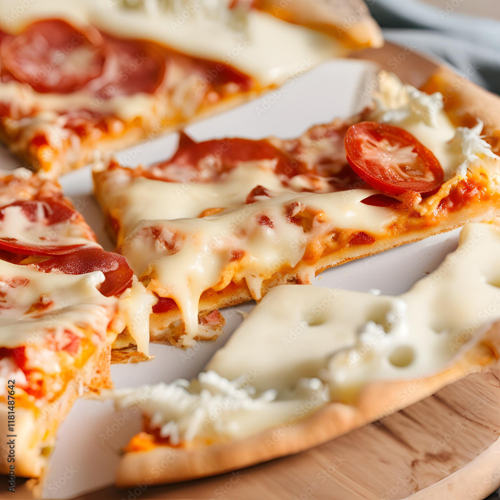 A slice of hot Italian pizza with stretching cheese. Pizza four cheeses with basil A slice of hot Italian pizza with stretching cheese. Pizza four cheeses with basil