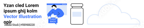 Man holding cashback sign, medicine bottle, cloud outline. Ideal for financial apps, e-commerce, healthcare, cloud services, digital marketing, tech reviews, brochures. Landing page