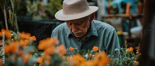 An elderly man in a hat takes care of flowers in his home garden