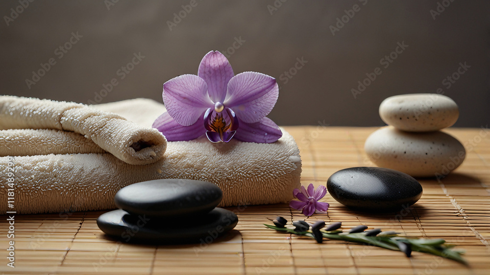Serene spa arrangement featuring black stones, beige towels, and a flowers on a bamboo mat, creating a peaceful atmosphere. Serene spa arrangement featuring black stones, beige towels, and a flowers on a bamboo mat, creating a peaceful atmosphere.